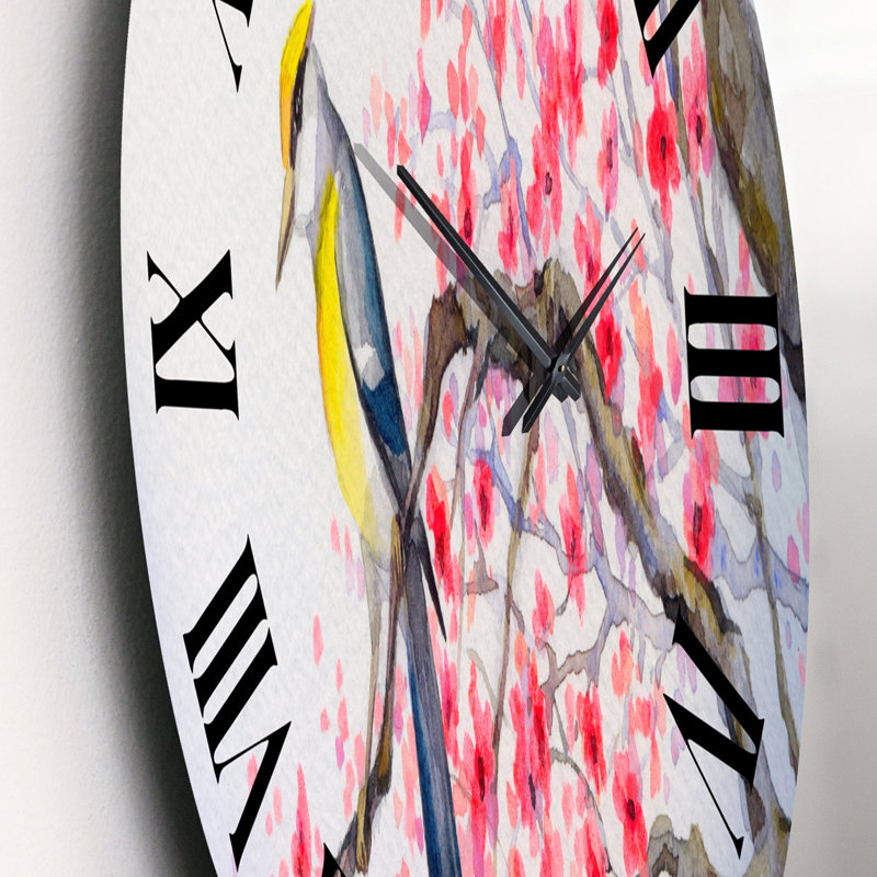 Bel oiseau rouge sur une branche en fleurs II - Horloge murale traditionnelle, Petit