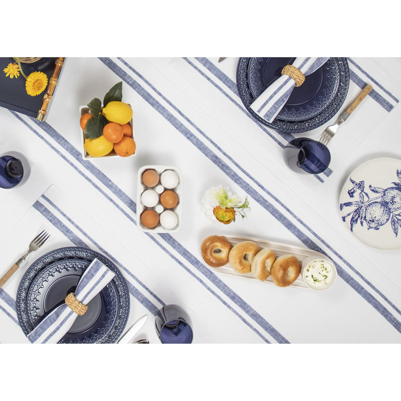French Stripe - 100% Pure Linen Table Runner, Navy/White, 156" x 14"