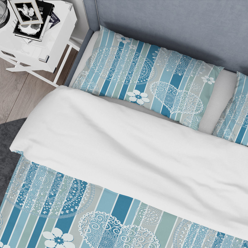 Motif à rayures bleues et grises - Ensemble de housse de couette abstrait - Microfibre de polyester
