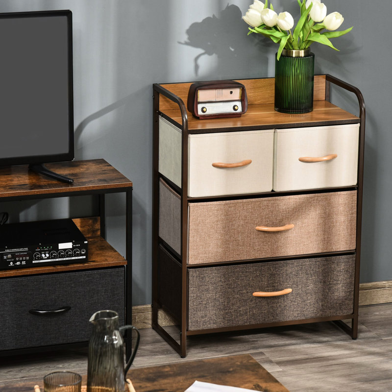 4 commodes - grande capacité de rangement avec tiroirs en tissu pour le vestibule, structure en acier 3 et plateau en bois avec éclairage éblouissant en érable