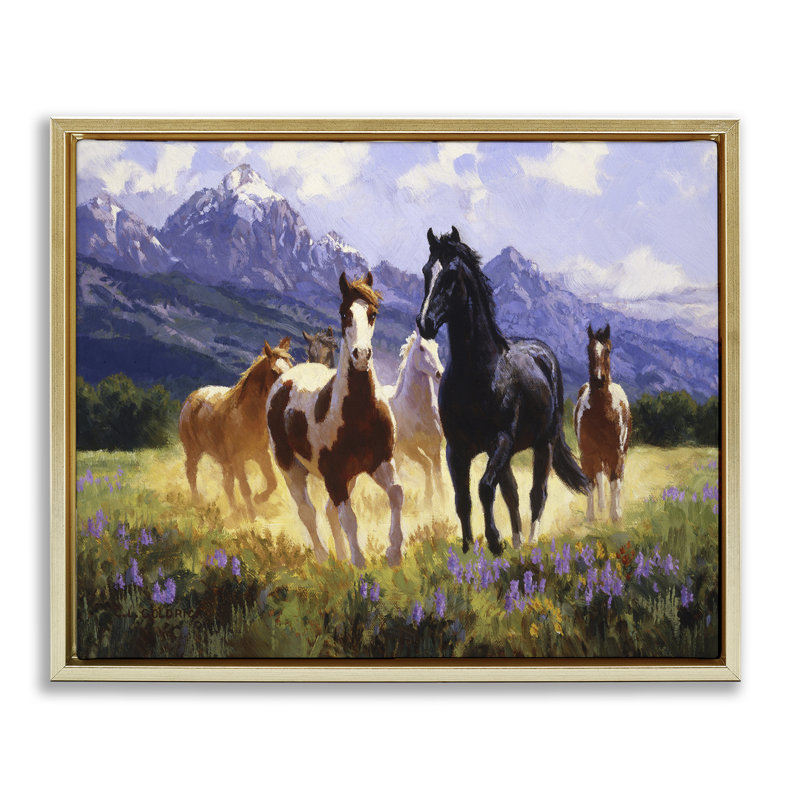 «Lovely Mountain Valley Horses», art mural par Claire Goldrick, H 25 po x l 31 po, Cadre flottant métallique doré