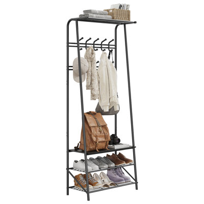 4-in-1 Hall Tree with Bench & Shoe Storage, Freestanding Entryway Coat Rack w/ Clothes Rail, Metal Frame, Shoe Shelves, 10 Hooks, Black Wood Look - Double Row Hook 60 Width Black