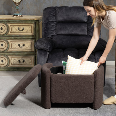 Fauteuil de lecture pour chambre à coucher, fauteuil rembourré de style Mid-Century avec structure en bois et coussin de taille, boîte de rangement en velours brun, couleur pastel - conception simple encadrée