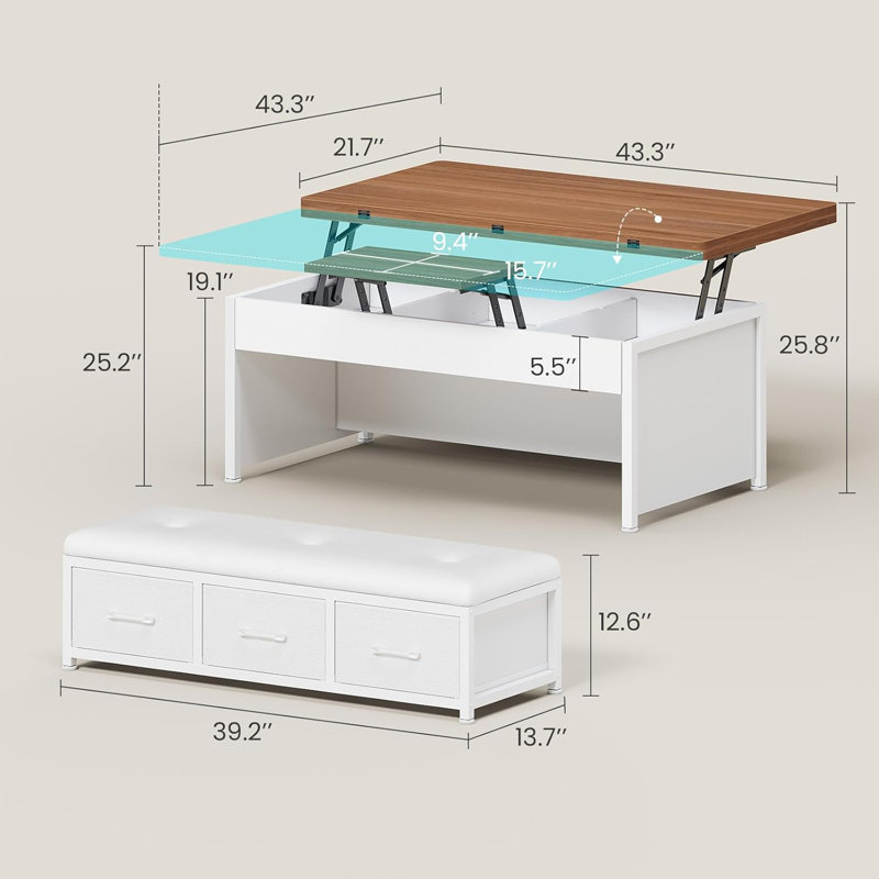 Lift Top Coffee Table Set, 43'' Multi-function Coffee Table With Storage Drawers And Hidden Compartment, White