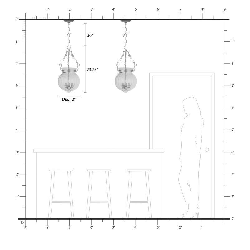 Luminaire suspendu unique en forme d'urne à 3 lumières Crestfield, Nickel brossé
