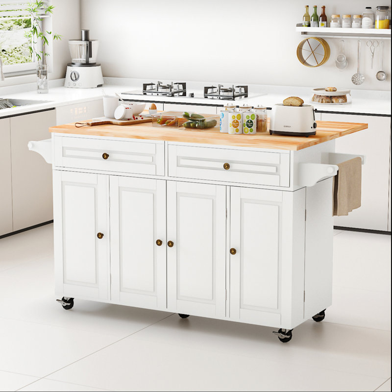 59" Kitchen Island W/sliding Drop Leaf And Storage Doors & Adjustable Shelves, Rolling Mobile Island Table With /spice Rack & Towel Rack & Drawers For Dining Room Kitchen Dining Room 