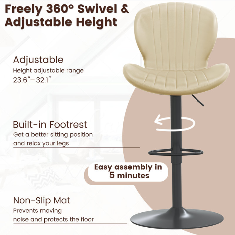 Bar Stools Set of 2,Adjustable Swivel Counter Height Bar Stools with Back & Footrest,Modern Design Bar Chairs,Faux Leather Upholstered Barstools for Bar,Kitchen