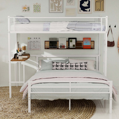 Twin Over Full Bunk Bed with Built-in Desk and Staircase Safety Design