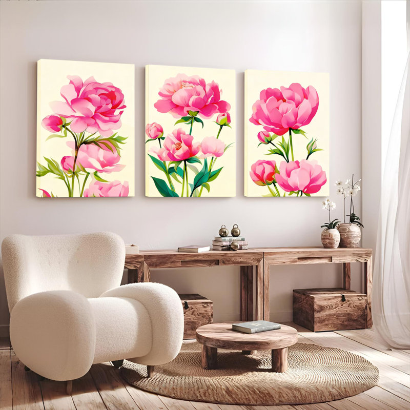 Ensemble de 3 tableaux muraux sur toile à motif floral de pivoines roses, H 24 po x l 48 po