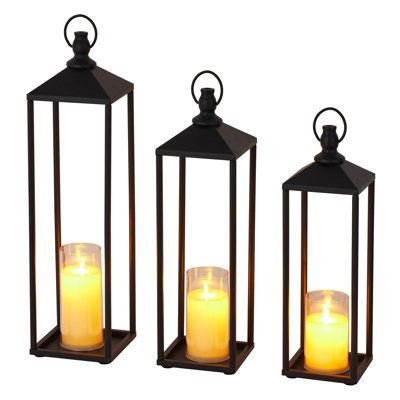 Set 3 Black Decorative Metal Lanterns w/ Flameless LED Candles & Remote – Modern Farmhouse Design, Indoor/Outdoor – Floor Decor for Home, Patio, Porch, Garden, Walkway – Sizes 13",17",20", Sandblasted