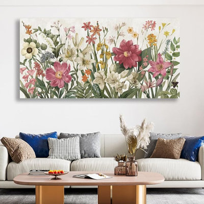 Toile botanique - fleurs, fleurs, fleurs sauvages, plantes, œuvres d'art, peinture, rouge, beige, floraison, impressions pour le salon, la chambre, le bureau, la maison, prêt à accrocher, 48 x 24 po