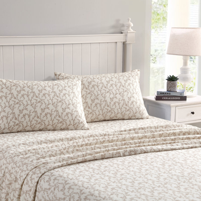 Ensemble de draps en flanelle de coton brossé, Ensemble de draps pour très grand lit avec 2 taie, Beige Victoria