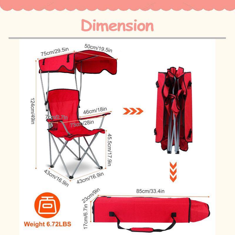 Chaise de plage pliable avec auvent de protection contre le soleil, Red