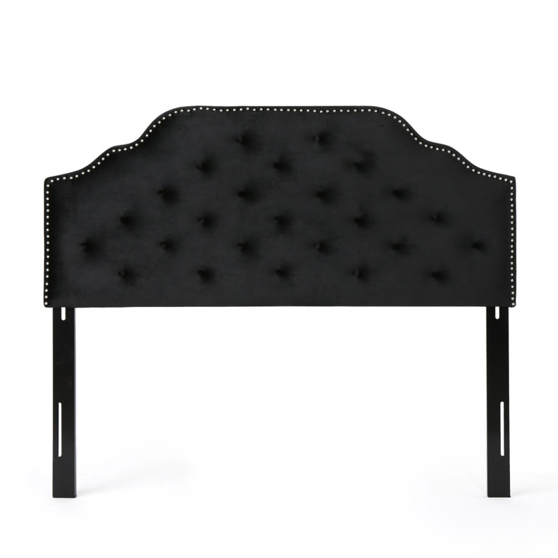 Button tufted design headboard with nailhead trim, Black, Velvet, Queen