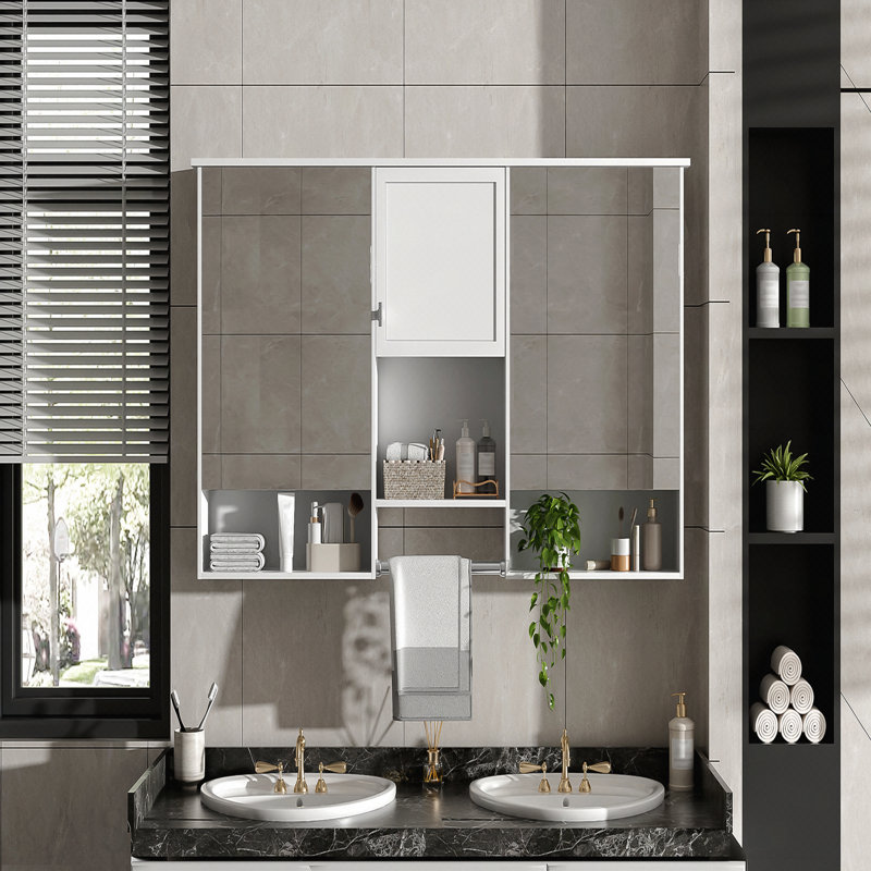 Armoire à miroir 55 po 3-en-1 à fixation murale 55 po avec tablette réglable, charnières à fermeture en douceur, panneau de fibres à densité moyenne de haute qualité, pour meuble-lavabo de salle de bain, salon, rangement de chambre à coucher