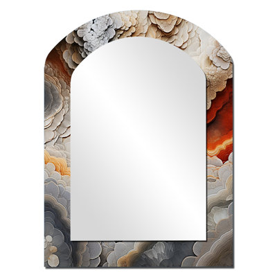 «Beige et pêche», Geode Simplicity I - miroir asymétrique à géométrie de pierre, miroir mural unique à arche beige, impression sur métal