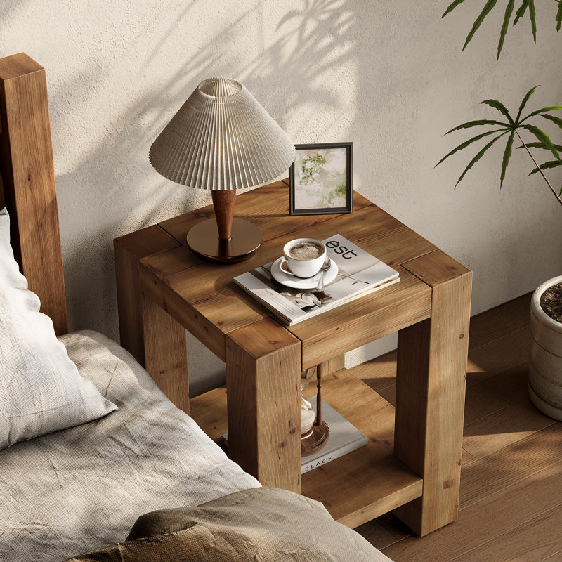 Table de chevet 19,7 po en bois massif avec espace de rangement à 2 niveaux