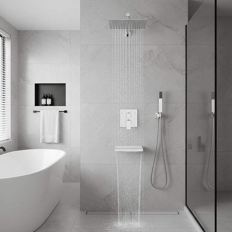 Rain Shower System, Tub Shower Faucet Set 10 Inch Square Rainfall Shower Head With Handheld Sprayer And Waterfall Tub Spout Pressure Balance