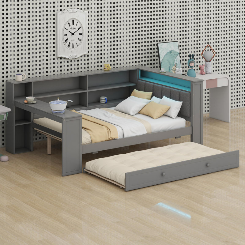 Lit plateforme avec tablettes de rangement, lit gigogne, Gris