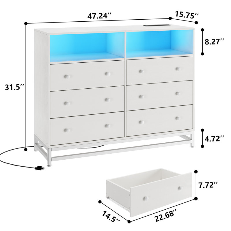 6 Drawer Double Dresser Tv Stand, Bedroom Dresser With Power Outlet & Led Light, Wood Dresser For Nursery, Living Room, Hallway, 47.2''W×15.8''D×36.2''H