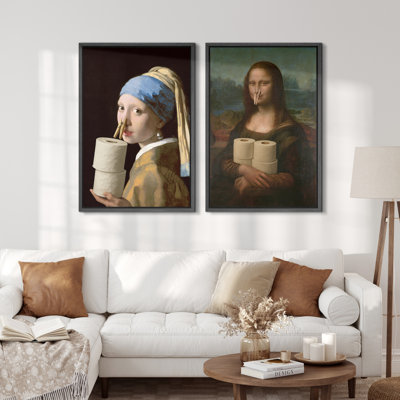 Funny Toilet Paper Masterpieces Canvas Wall Art Set, Classic Painting Parody Framed Prints for Bathroom or Powder Room Decor