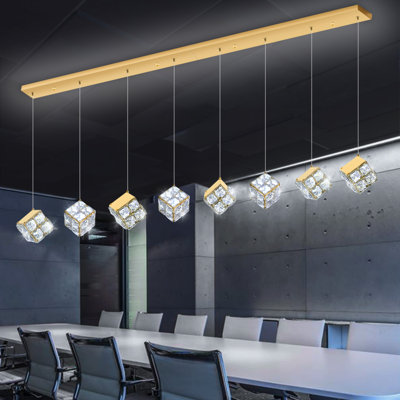 Lustre rectangulaire moderne à 8 lumières DEL en cristal à intensité variable doré
