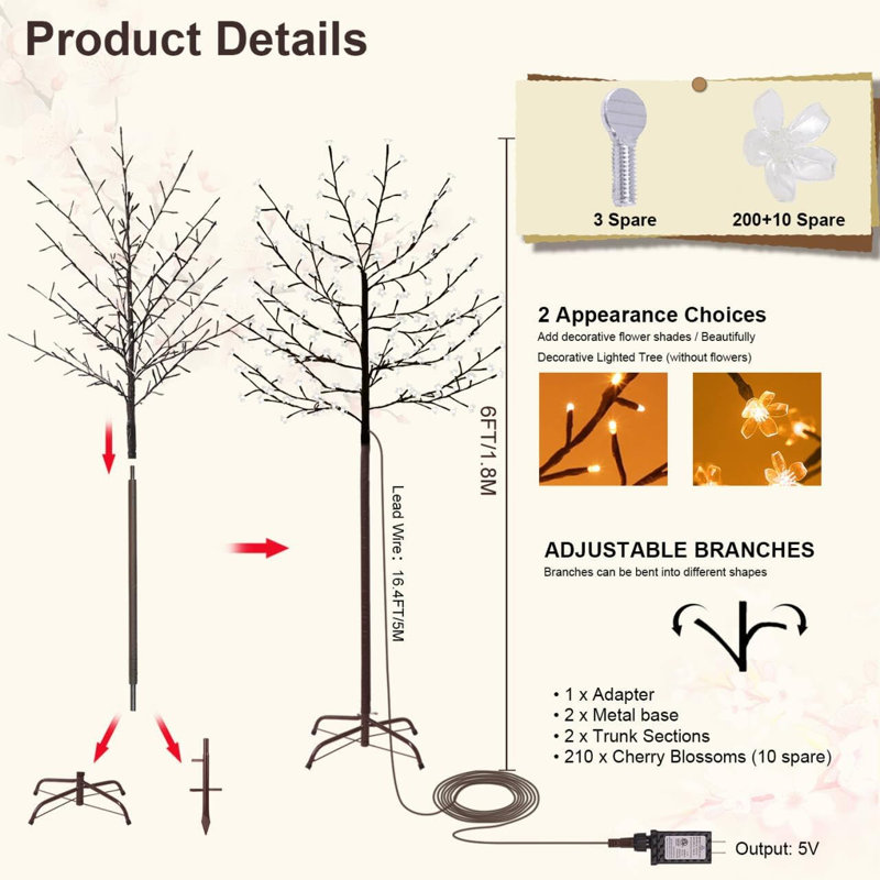 Branches de fleurs de cerisier éclairées à DEL avec adaptateur 8 modes