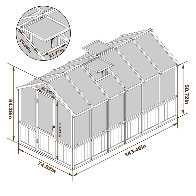 6×12 FT Wooden Polycarbonate Greenhouse