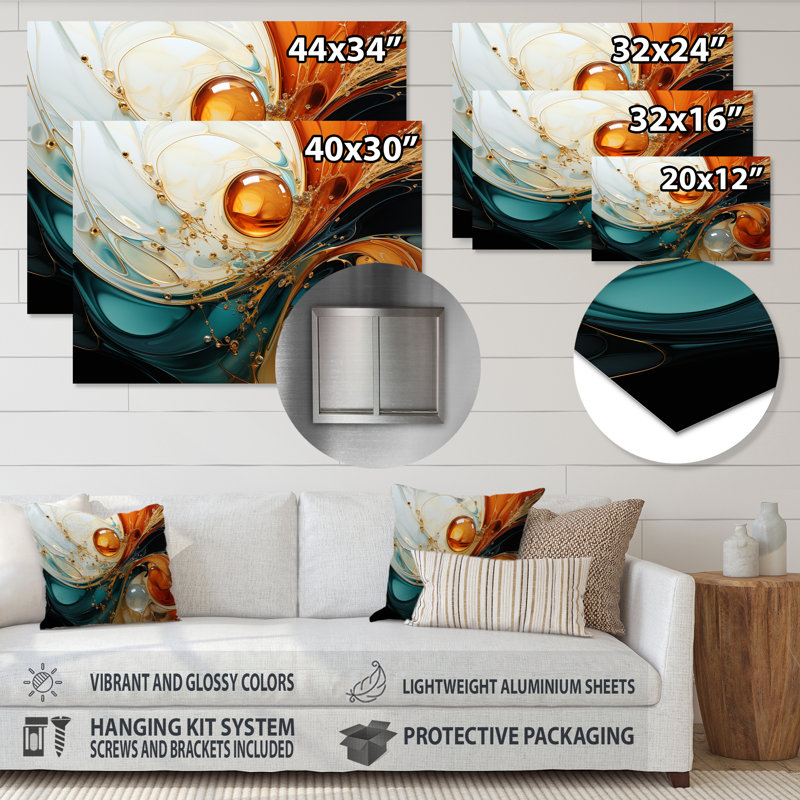 Orange et émeraude marbre marbre IV - art mural abstrait en métal MT137169, H 16 po x l 32 po x P 1 po