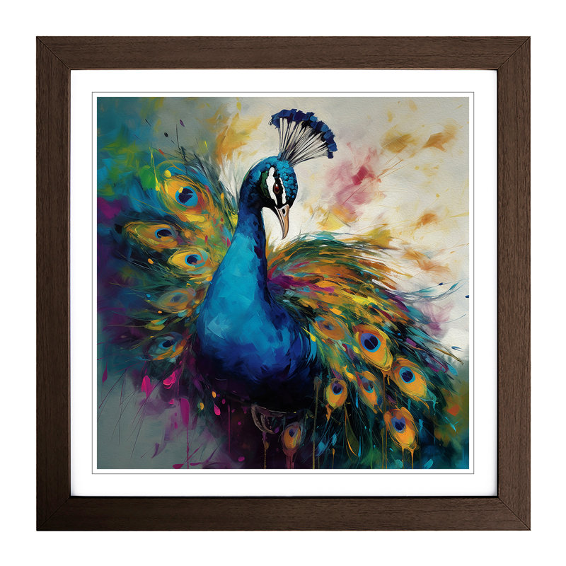 Peacock Gestural Art No.1 - Framed Print, Walnut