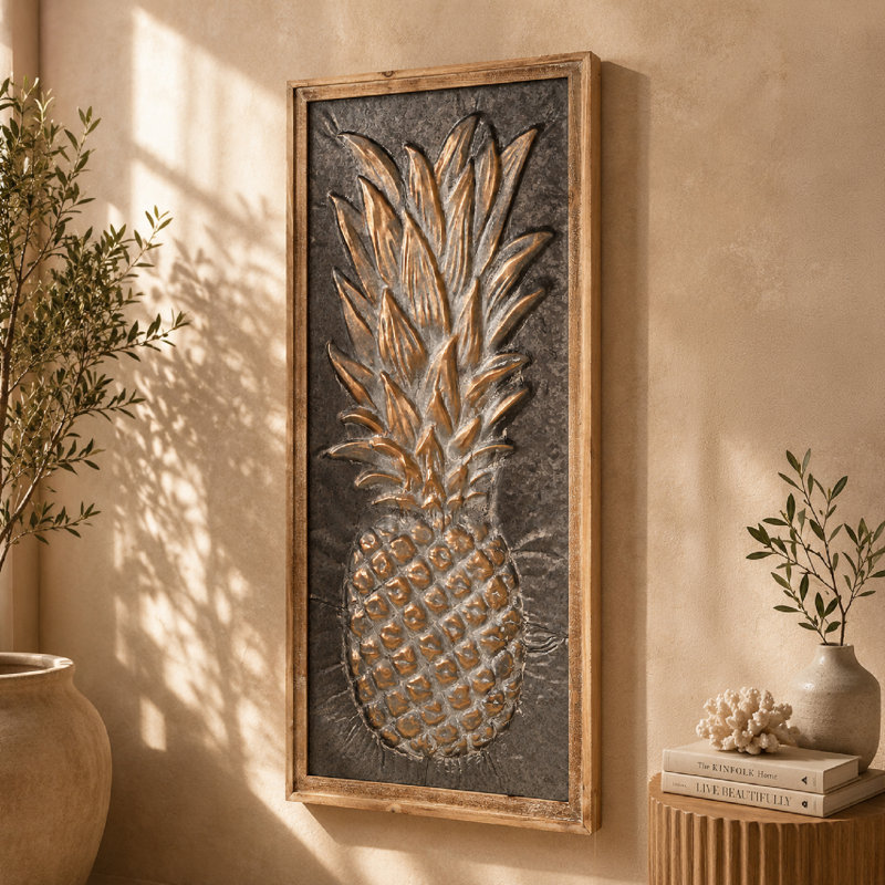 Panneau d'art mural en métal dimensionnel ananas 3D avec cadre en bois vieilli, décor tropical 42,5 po x 20 po