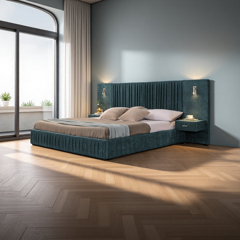 Upholstered Bed Frame With Chenille Fabric With Pleated Design,Grounded Platform Bed With Headboard And Solid Frame And The Bedside Table.No Box Spring Needed
