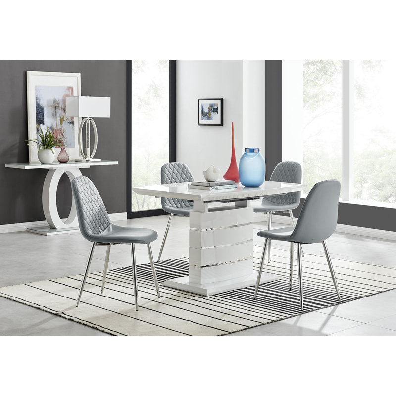 Everson High Gloss 6 Seat Extendable Dining Set with Luxury Faux Leather Upholstered Dining Chairs, Gray/Silver