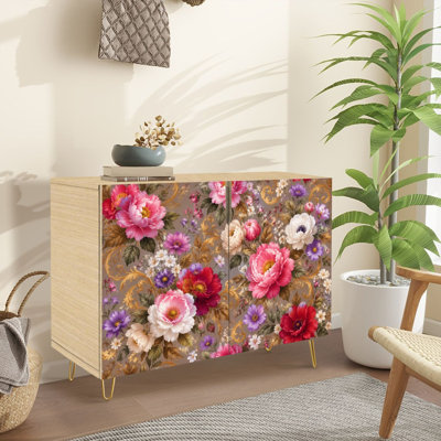 Sideboard Buffet Cabinet with Storage Sweet colorful flowers reds pinks combined golden Louis patterns hand with 2 Doors for Living Room and Kitchen
