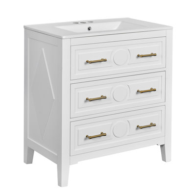 Meuble-lavabo 60 po avec lavabo en céramique, structure en bois massif, 3 tiroirs, planche simple, poignée en métal doré, charnières réglables à fermeture en douceur, grand rangement blanc, style rétro