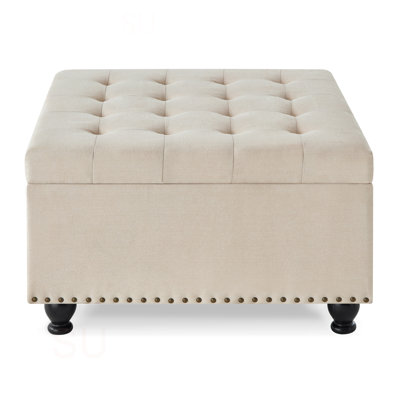 Large Square Storage Ottoman With Wooden Legs, Upholstered Button Tufted Coffee Table With Nail Trims For Living Space