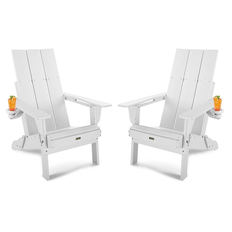 Adirondack Chair, Oversized HDPE Folding Adirondack Chair With Cup Holder(Set Of 2), White