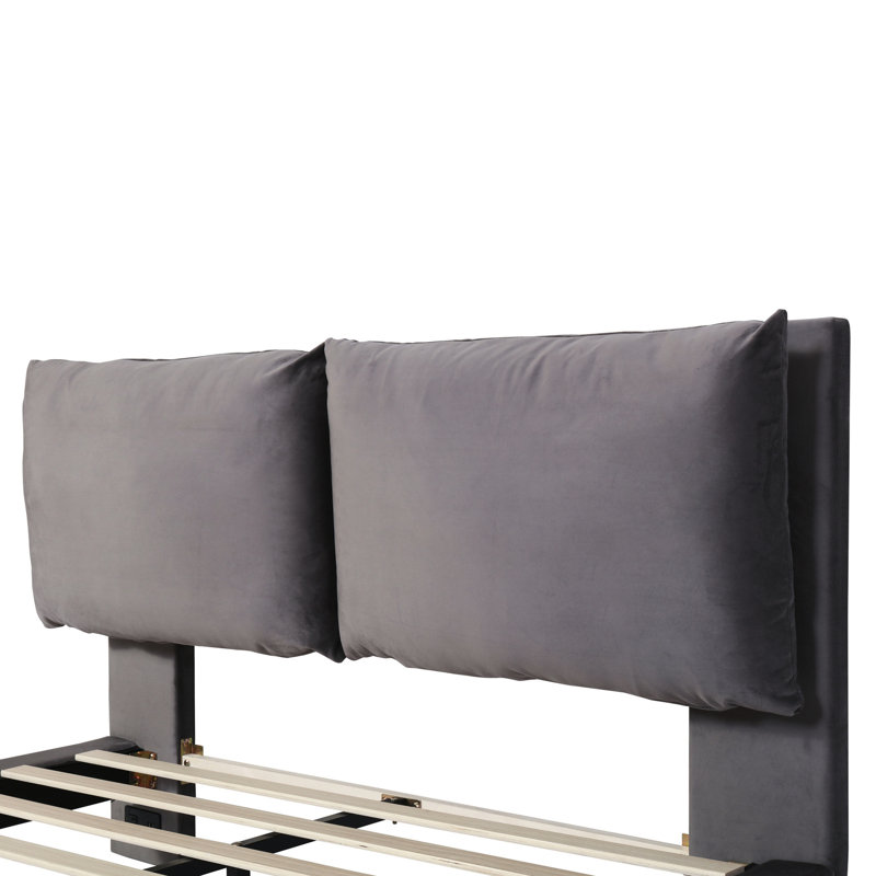 Lit plateforme tapissier gris, capteur, 2 dossiers, grand lit avec dossier gris, caractéristique, Gris, Grand lit
