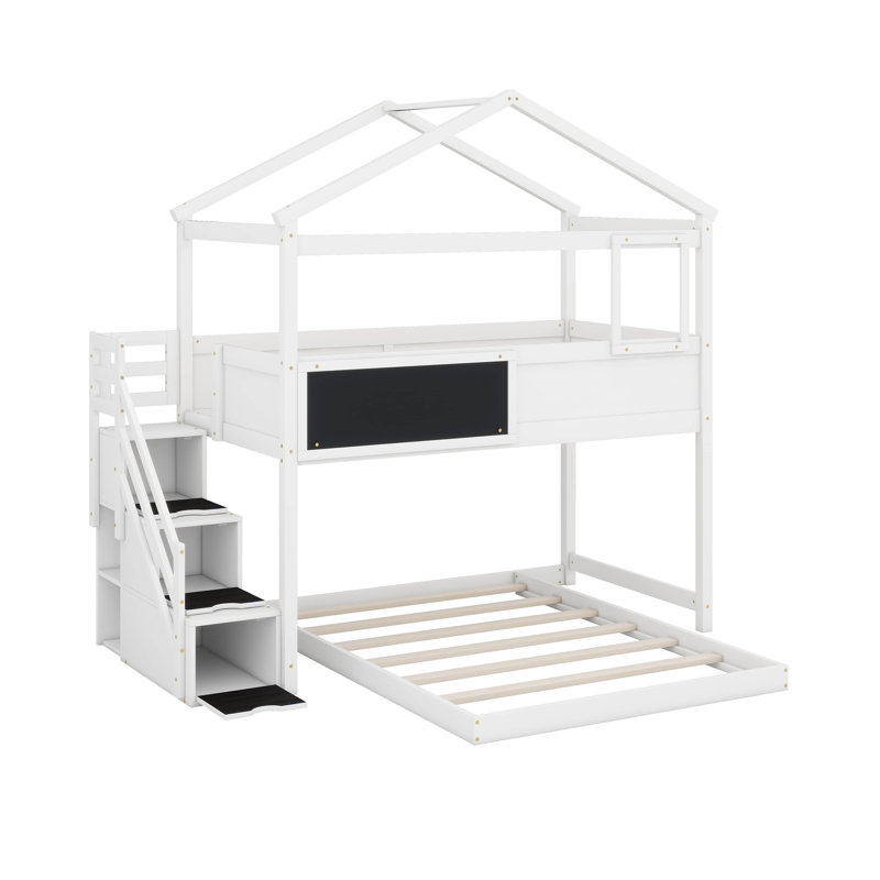 Twin Over Full House Bunk Bed With Blackboard And Storage Staircase, White