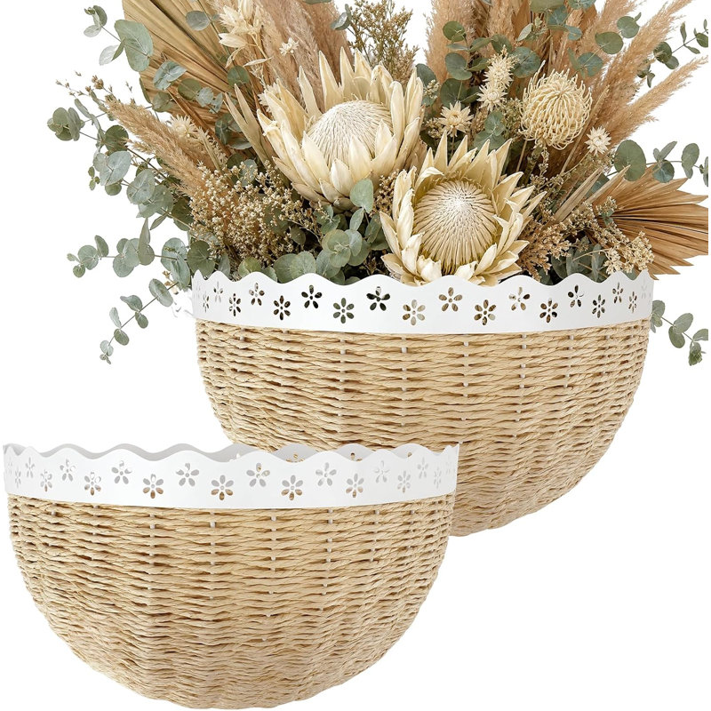 Paniers muraux festonnés, ensemble de 2, style bohème tressé, pour l'entrée, le salon ou la cuisine. Structure robuste en acier pour la maison.
