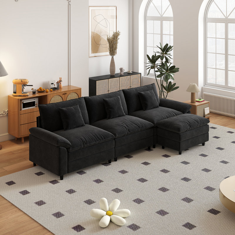 Canapé blanc en chenille trois places avec repose-pieds, Noir
