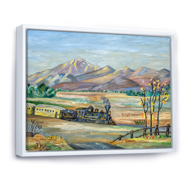 " Train Moving Through The Countryside ", 16" H x 32" W x 1" D, White Floater Framed