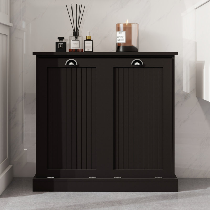Black Laundry Sorter Cabinet, E1 Construction, Painting, Removable Bags, 100-Pound Load, Assembly Kit Sorter, Two Compartments, Coated, 100 Lbs Load-Bearing, Required With Screw Bag And Electric Drill