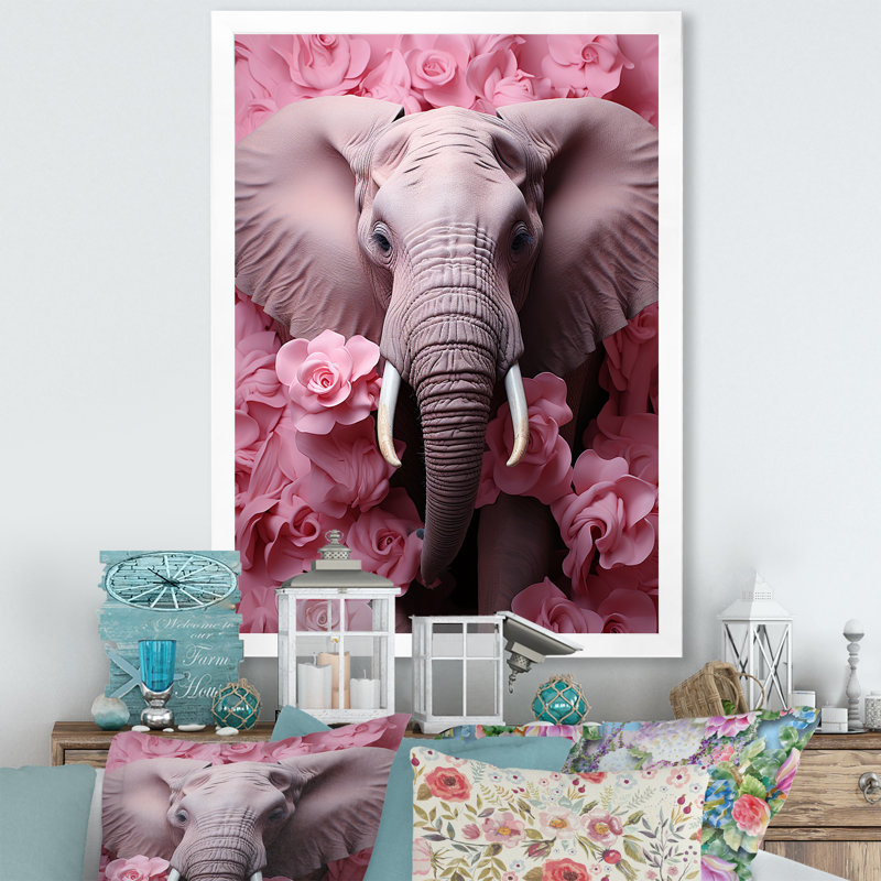 Rose romantique, éléphant I - éléphant, art mural, H 32 po x l 24 po x P 1 po, Cadre simple blanc