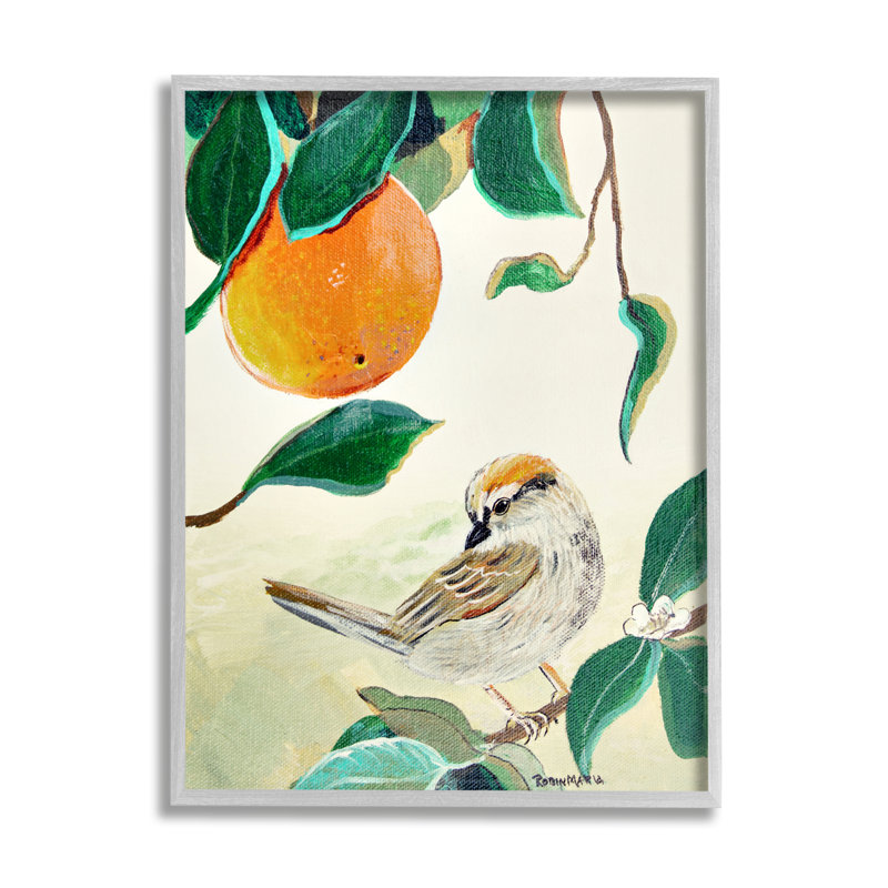 Oiseau perché avec fruit orange, H 20 po x l 16 po x P 1,5 po, Estampe numérique Farmhouse