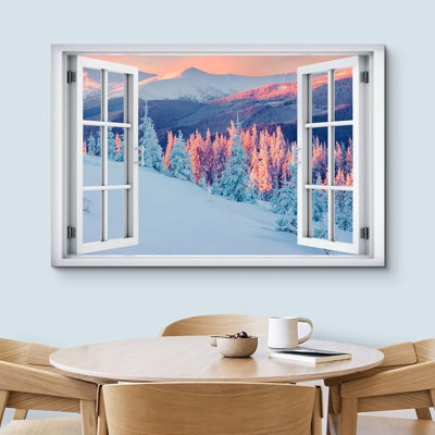 Fenêtre de paysage «Window View Pastel Pink Blue Winter Winter Tree Forest Nature Scenic Landscape» sur toile