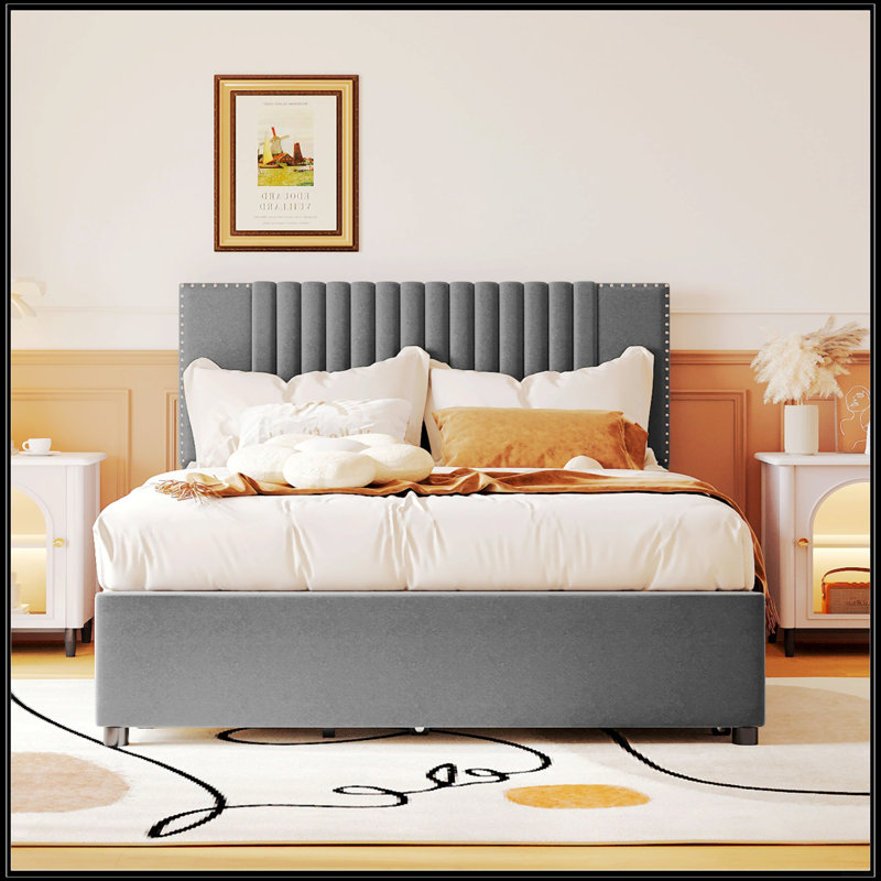 Lit plateforme double tapissier pleine grandeur avec 2 tiroirs et 1 lit gigogne simple, tête de lit classique, gris