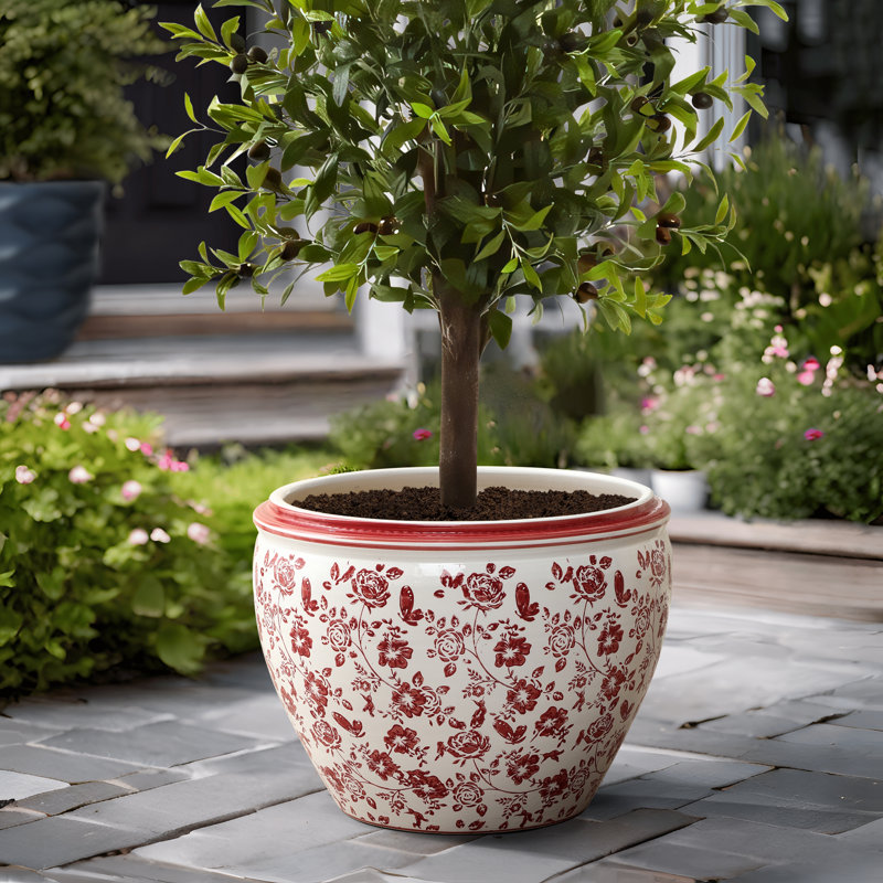 Grand pot à fleurs rond en rouge et blanc de 17 po de diamètre avec grand drainage, H 12,8 po x 17,01 po de diamètre