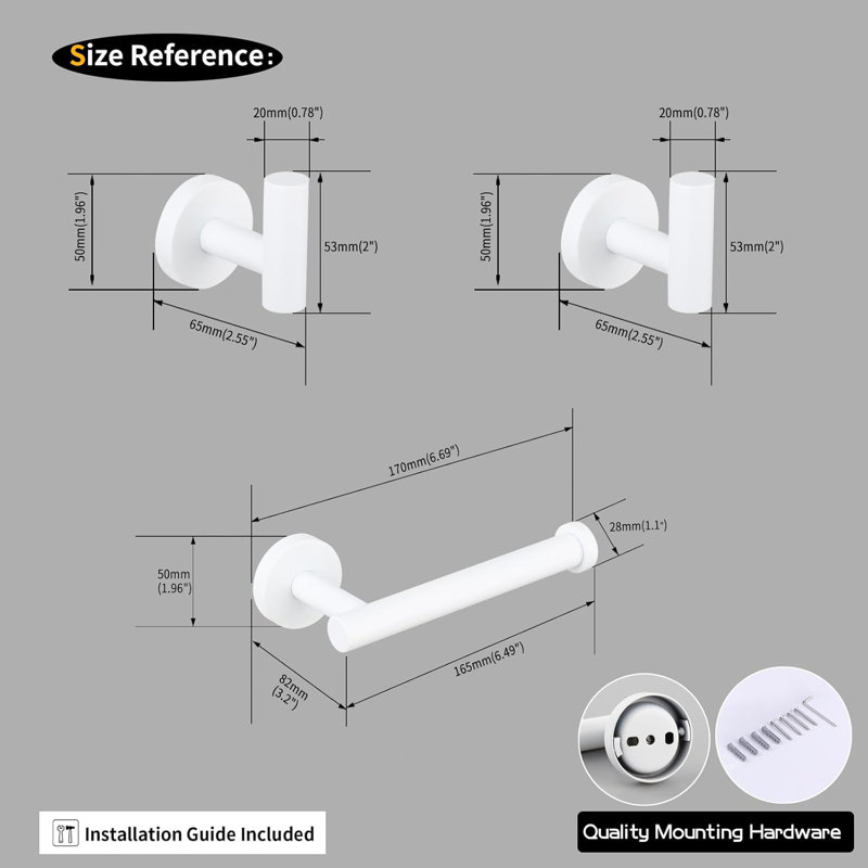 3-Piece Bathroom Hardware Set - Premium SUS 304 Stainless Steel Toilet Paper Holder & 2 Coat Hooks - Modern White Finish With Hidden Mounting Screws