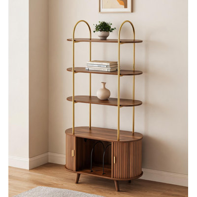 Vinyl Record Player Stand with Arched Bookshelf & Sliding Doors, Walnut 4-Tier mid-century media cabinet with fluted wave surface, sculpted oval shelves, and roomy storage for living room.